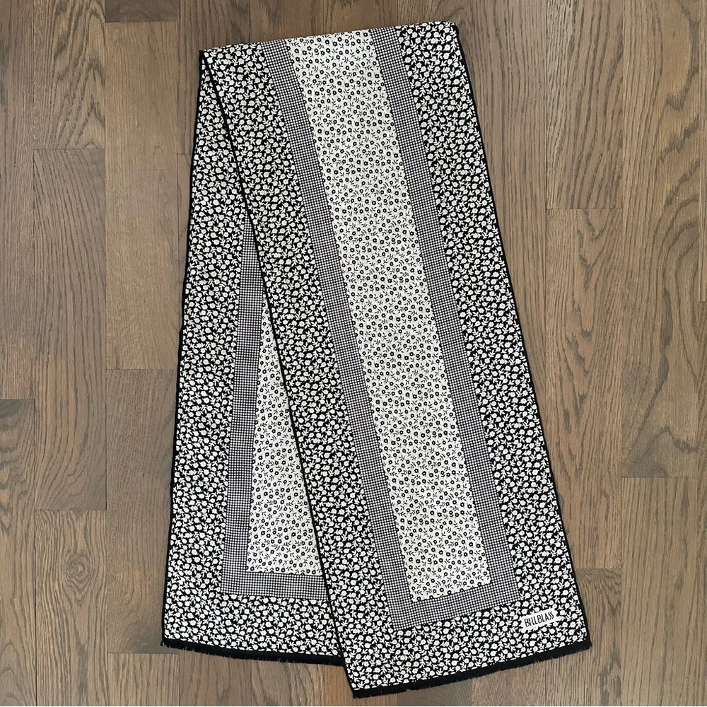 Vintage Bill Blass Ditsy Floral Print Oblong Rectangle Scarf Black and Cream 57